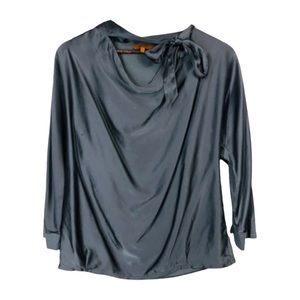 Cassis Collection Grey Long Sleeve Silk Mixed Media Top with Neck Tie Medium